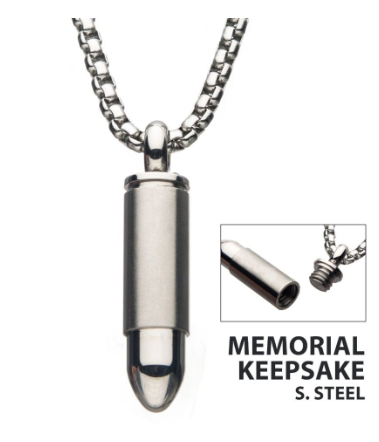 The Inox Stainless Steel Memorial Bullet Pendant comes with a steel box chain.