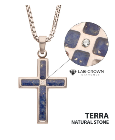 Inox Matte stainless steel cross pendant with lapis lazuli inlay and a lab-grown diamond center.
