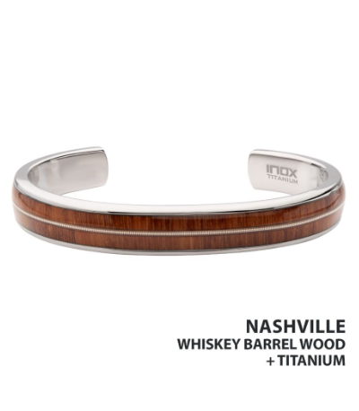 Inox Titanium & Whiskey Barrel Wood Inlay Cuff Bracelet features an embedded guitar string, inspired by Nashville’s style.