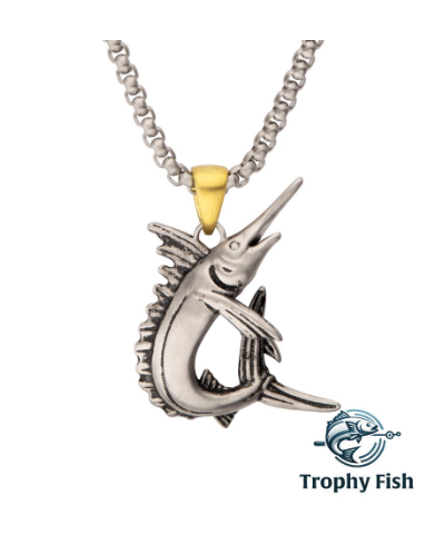 Inox Antiqued Matte Finish Steel Marlin Pendant on a silver box chain with gold bail; Trophy Fish logo bottom right.