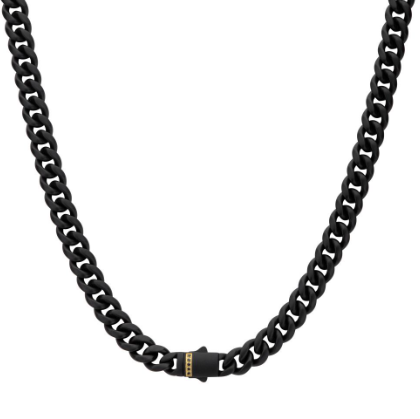 The Inox 22" 8mm Black IP Steel Miami Cuban Chain Necklace features a matte finish and a genuine black sapphire gem.