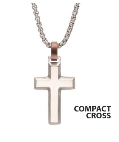 Inox 22" matte steel beveled cross pendant with brown bail, shown next to the text COMPACT CROSS.