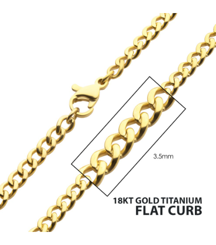 Close-up of the Inox 22" 3.5mm 18Kt Gold IP Titanium Flat Curb Chain Necklace for men with lobster clasp.
