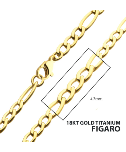 Close-up of the Inox 24" 4.7mm 18Kt gold IP titanium Figaro chain necklace with lobster clasp.