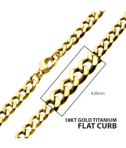 Close-up of Inox 22" 4.35mm 18Kt gold IP titanium flat curb chain necklace with lobster clasp.