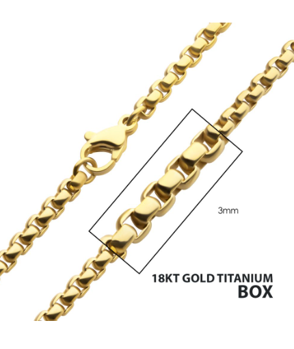 Close-up of the Inox 24" 3mm 18Kt Gold IP Titanium Box Chain Necklace for men with lobster clasp.