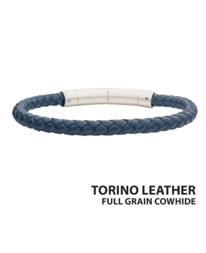 The Inox 6mm Blue Genuine Full Grain Cowhide Leather Bracelet is an adjustable men's accessory.