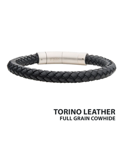 Inox 8mm black full grain cowhide leather bracelet with silver clasp for men.