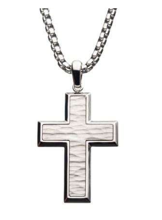 Inox 22" matte stainless steel short cross pendant with box chain, shown against a white background.