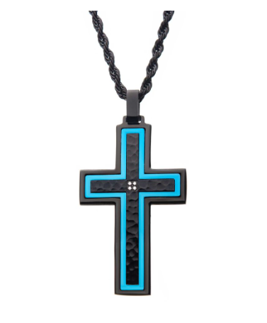 Inox 24" necklace with a hammered Blue Line Cross CZ stainless steel pendant and center silver accent.