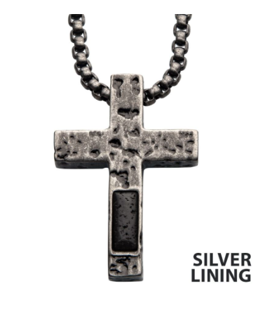 Inox 24" Stainless Steel Silver IP Cross Pendant features a lava stone accent, with Inox branding in the corner.