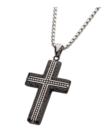 Inox 24" stainless steel box chain necklace with blacksmith hammered pendant featuring a black cross design.