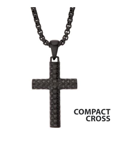 Inox 22" black chain necklace with matte steel scale cross pendant; "COMPACT CROSS" text in the corner.