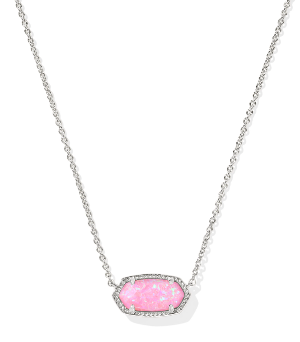 Kendra Scott ELISA Short Pendant Necklace in silver with a hexagonal pink Carnation Kyocera Opal and clear accents.