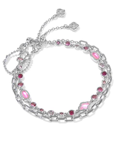 Set of 2 Kendra Scott silver chain bracelets with pink gems, adjustable crystal ends—perfect for stacking.