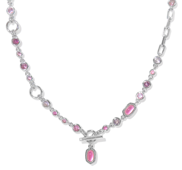 Kendra Scott MINI ELISA ABBIE STRAND NECKLACE: Silver chain with pink gemstones and toggle clasp, on white background.