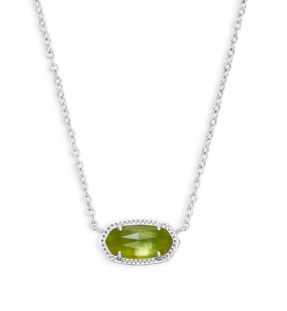 Kendra Scott ELISA Short Pendant Necklace with an oval faceted Peridot Illusion stone on a rhodium chain.