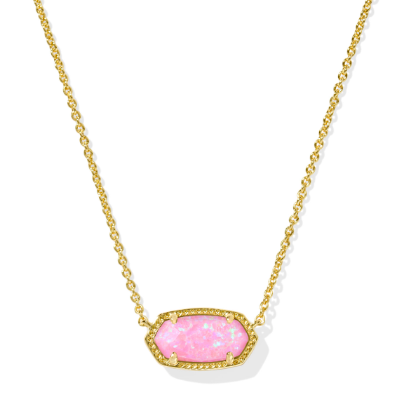 Kendra Scott ELISA short gold necklace with Carnation Kyocera Opal pendant in geometric frame, on white background.