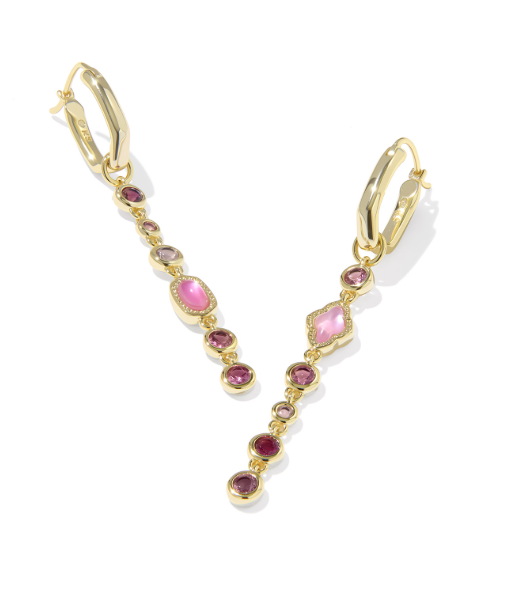 Kendra Scott MINI ELISA ABBIE huggie earrings in gold with chain detail, pink and purple stones on white.