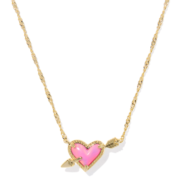Kendra Scott ARI Heart Arrow short gold necklace with a pink opalescent heart pendant and feather detail.