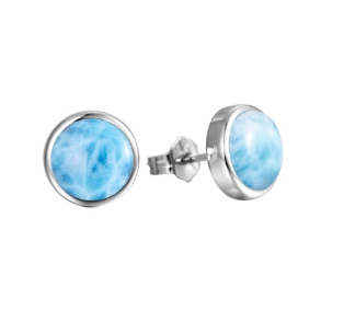 Alamea SS Larimar Stud Earrings 12mm feature round sky-blue gems set in 925 silver, shown on a white background.