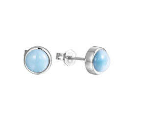 Alamea SS Larimar Stud Earrings 8mm, light blue bezel-set stones, front and side views on white background.