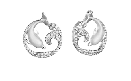 Alamea SS 925 Dolphin Earrings feature a circular wave design with sparkling stone accents.