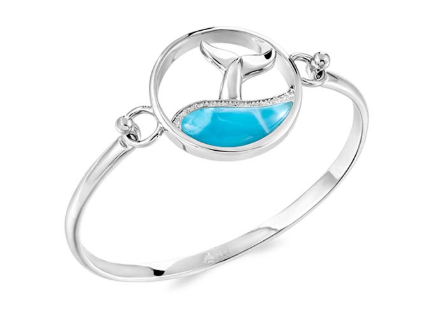 Alamea SS 925 Larimar Whale Tail Bangle with circular charm and blue ocean enamel design.