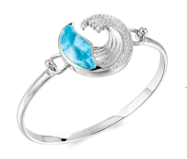 Alamea SS 925 Larimar Wave Bangle Topping features a blue Larimar gemstone and sparkling accents on one wave side.