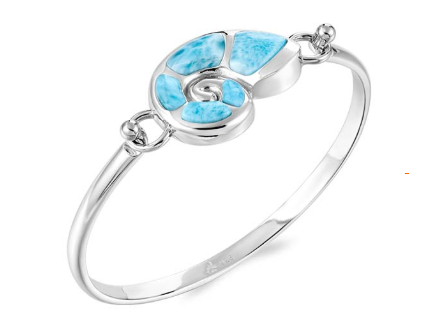 Alamea SS 925 Larimar Nautilus Shell Bangle features blue gemstone inlays on a polished sterling silver band.