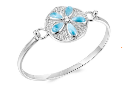 Alamea SS 925 Larimar Sand Dollar Bangle Topping features a sand dollar design with blue gems and white crystal accents.