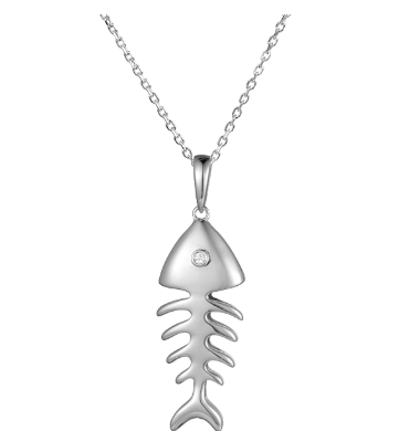 Alamea SS Fish Bone Pendant necklace features a small CZ gem on a delicate chain, shown on a white background.