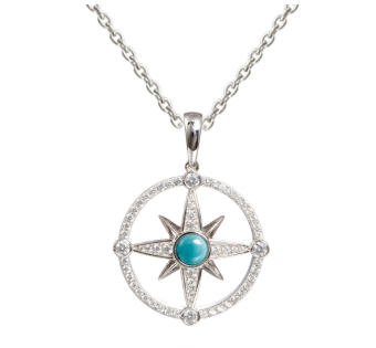 Alamea’s SS 925 Larimar Compass Pendant features a nautical design with a larimar center and clear stones.