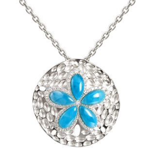 Alamea SS 925 Larimar Sand Dollar Pendant: sterling silver necklace with blue gemstone flower, textured round design.