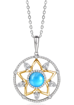 The Alamea SS Larimar Pendant features a blue gemstone, gold accents, and diamond-like details in sterling silver.