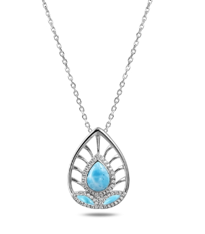 Alamea SS Larimar Pendant: sterling silver necklace with teardrop Larimar, blue gems, and clear stones on a delicate chain.