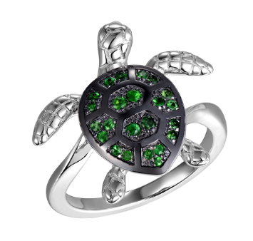 Alamea SS 925 Turtle Ring features green Tsavorite gemstones set on a gleaming sterling silver turtle shell.