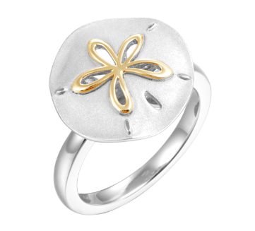 Alamea SS 14K Sand Dollar Ring features a round matte top with a 14K gold sand dollar center design.