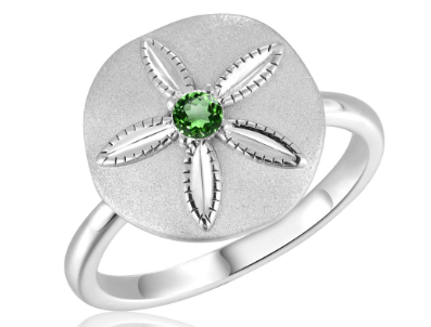 Alamea SS 925 Sand Dollar Ring features a round, textured top with a Tsavorite gemstone in a floral design.