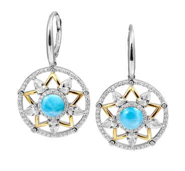 Alamea SS Larimar Earrings feature blue center stones, gold accents, and clear gem petals in a floral circular design.