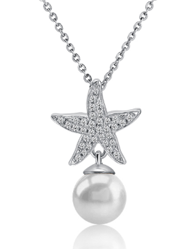 Alamea SS FWP Pendant: Silver necklace with CZ starfish, crystals, and a dangling round white pearl.