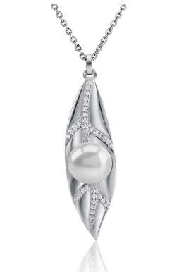 The Alamea SS FWP Pendant features a pearl center and diamond accents on a silver chain, shown against a white background.