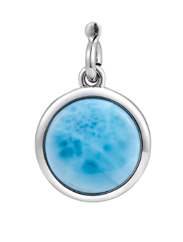 Alamea SS 925 Larimar Pendant: round sterling silver with bright blue Larimar stone and top attachment loop.
