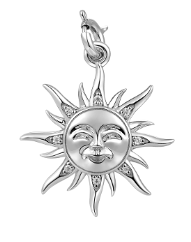 Alamea SS 925 Charm-Sun pendant with smiling face and topaz gems, shown on a white background.