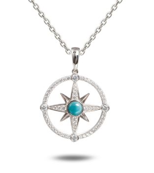 Alamea SS 925 Larimar Compass Pendant with blue center stone and clear crystals in a circular setting.
