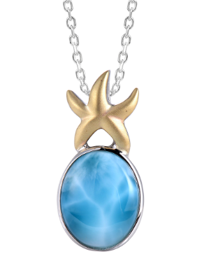 The Alamea SS 925/14KY Larimar Starfish Pendant has a gold starfish above an oval blue stone on a silver chain.