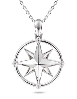 Alamea 925 SS Compass Pendant with a round frame on a delicate chain, shown against a white background.