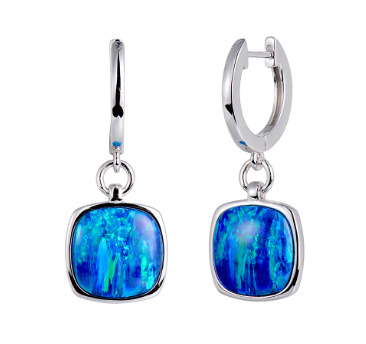 Alamea SS 925 Opal Earrings feature silver hoops with square blue opal drops, shown on a white background.