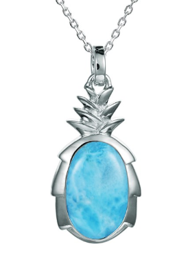 Alamea SS Pineapple Pendant necklace features a large oval blue stone in the center.
