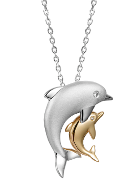 Alamea SS 14K & SS Dolphin Pendant features sparkling gem eyes on dolphins, hanging from a silver chain.